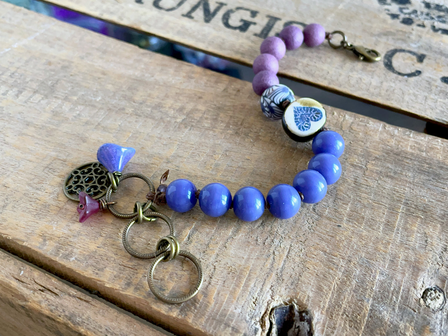 Boho Bracelet with Rustic Heart Charm β Handmade Ceramic & Purple Glass Beads on Linen Cord β Gift for Her