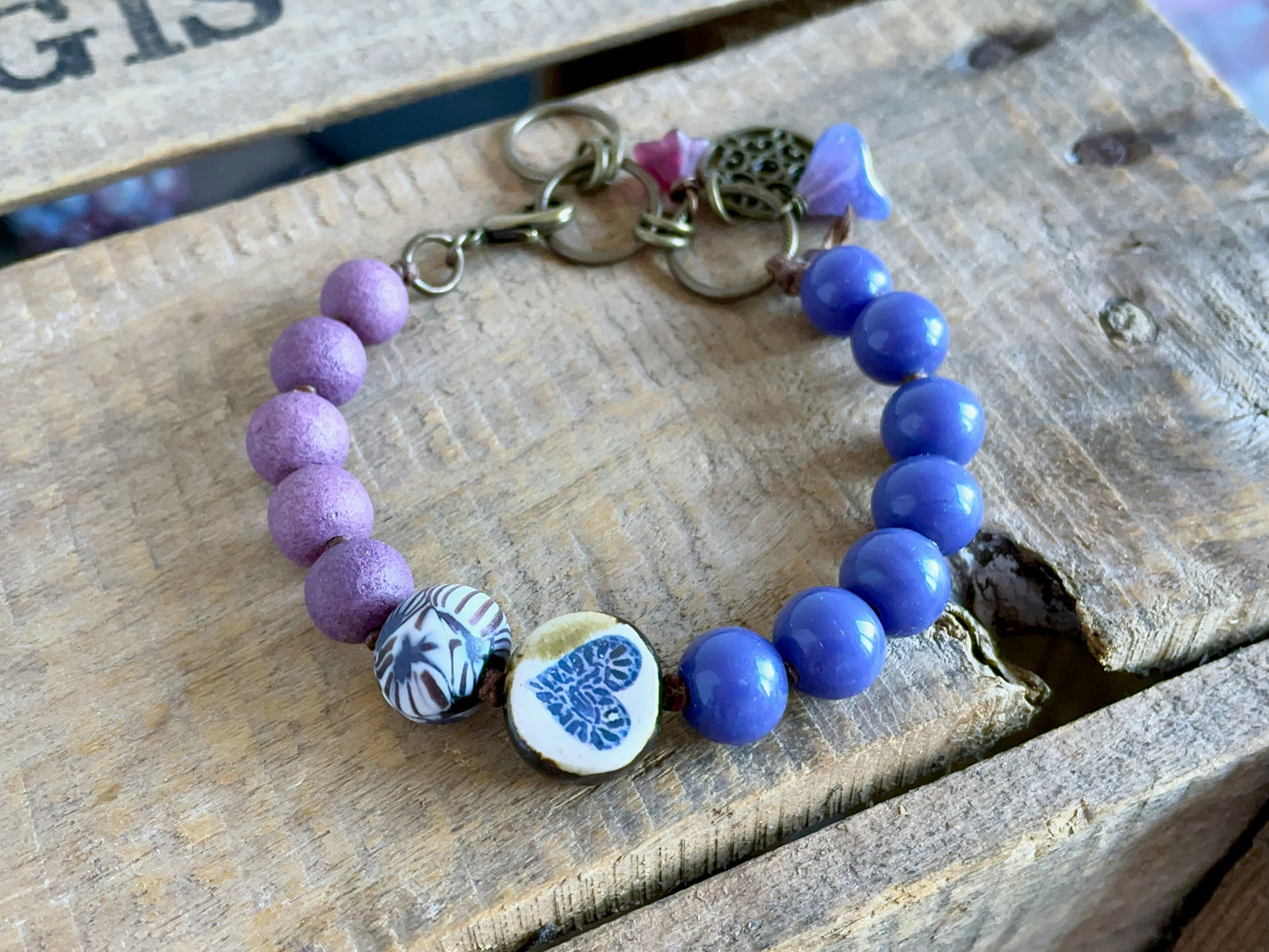 Boho Bracelet with Rustic Heart Charm β Handmade Ceramic & Purple Glass Beads on Linen Cord β Gift for Her