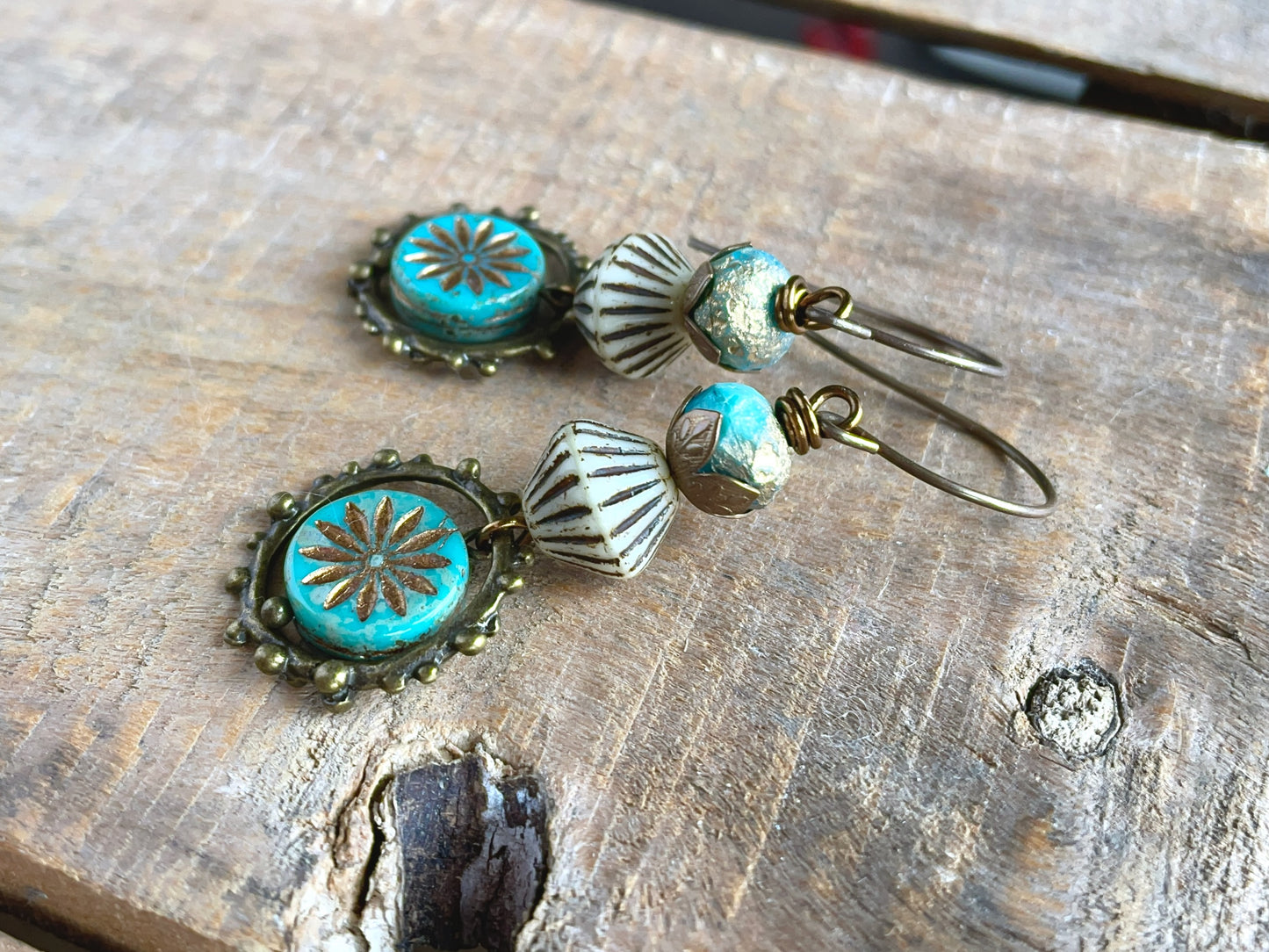 Turquoise Aster Flower Earrings β Summer Czech Glass Boho Jewellery