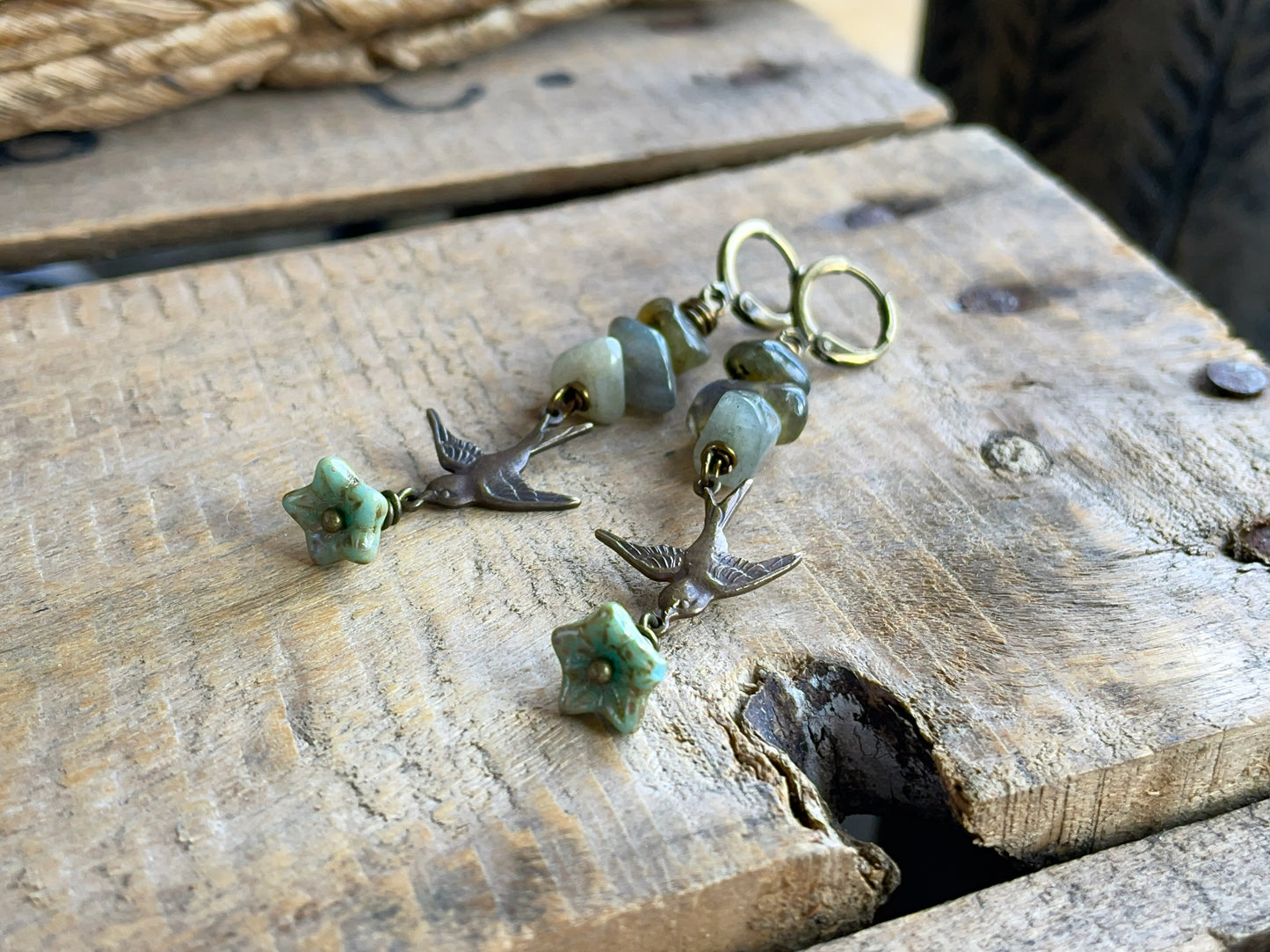 Bohemian Style Brass Bird Earrings with Natural Labradorite Gemstone & Czech Glass. Unique Nature-Inspired Jewellery