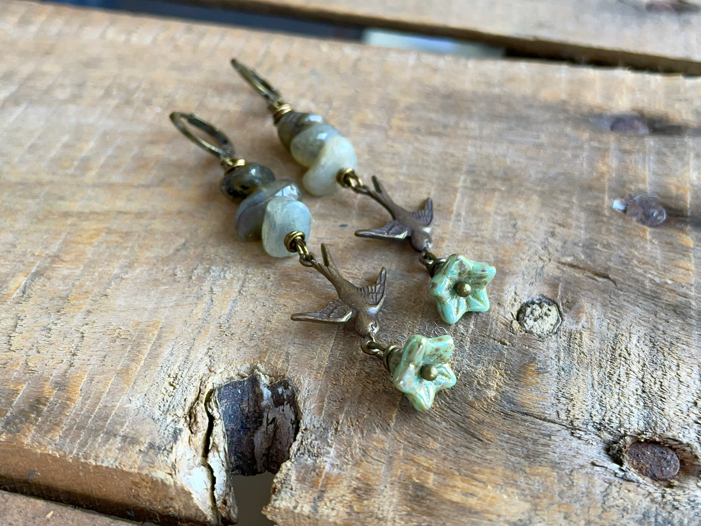 Bohemian Style Brass Bird Earrings with Natural Labradorite Gemstone & Czech Glass. Unique Nature-Inspired Jewellery