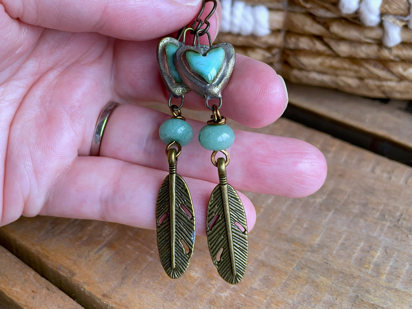 Turquoise Green Artisan Ceramic Heart Earrings. Bohemian-Style Feather Earrings. One of a Kind Summer Jewellery