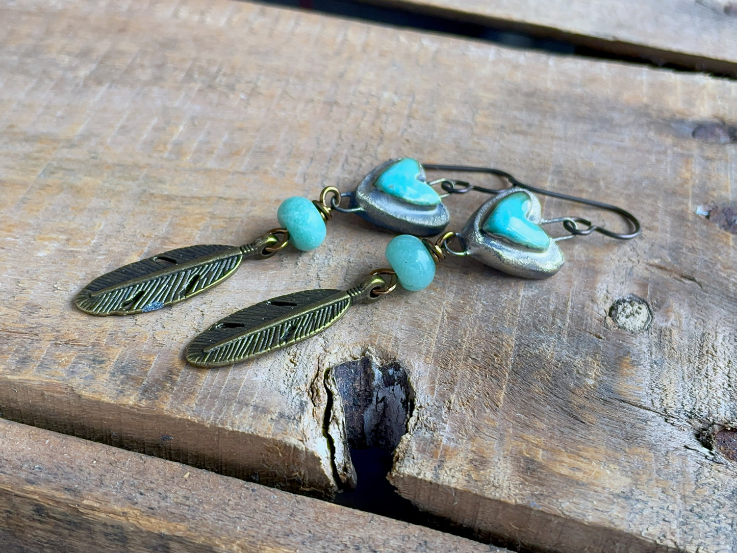 Turquoise Green Artisan Ceramic Heart Earrings. Bohemian-Style Feather Earrings. One of a Kind Summer Jewellery