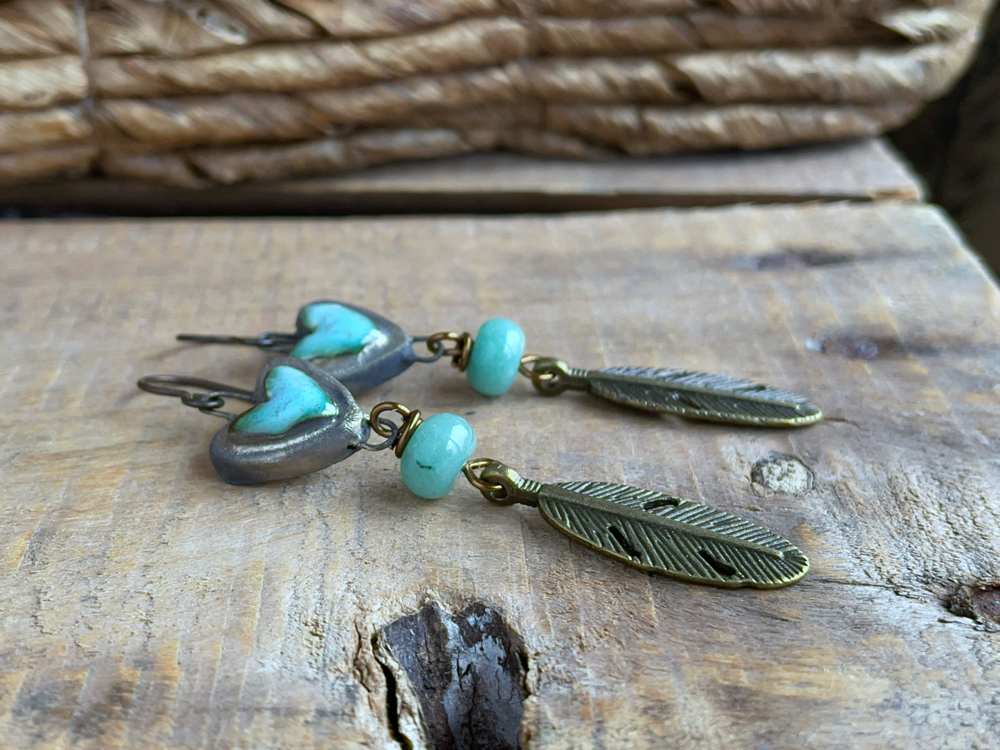 Turquoise Green Artisan Ceramic Heart Earrings. Bohemian-Style Feather Earrings. One of a Kind Summer Jewellery