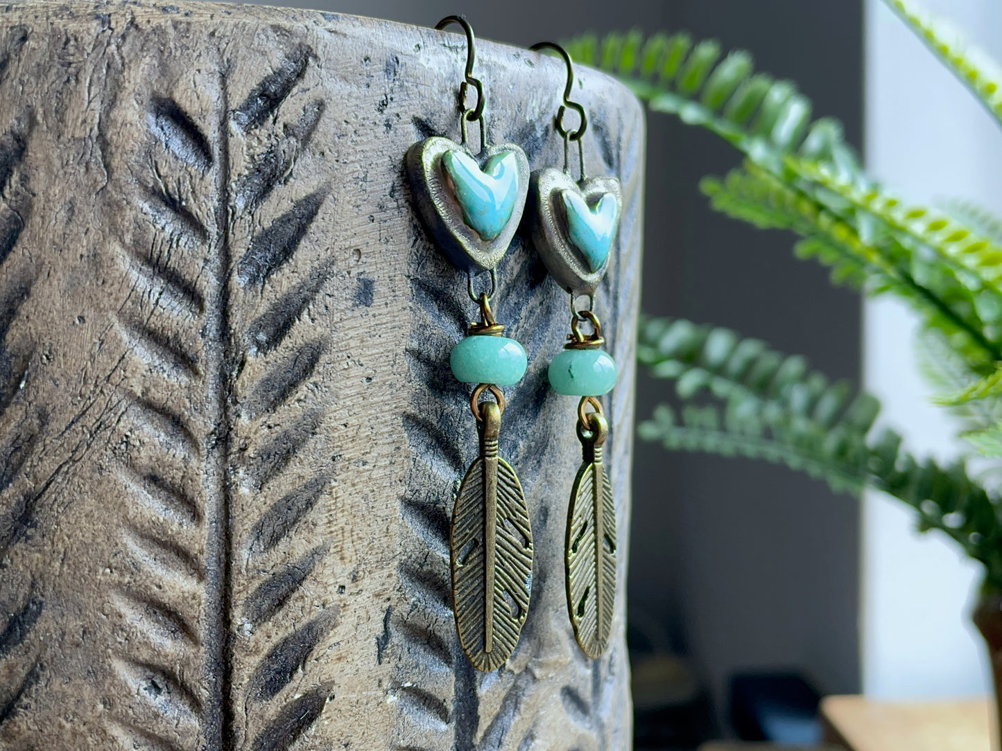 Turquoise Green Artisan Ceramic Heart Earrings. Bohemian-Style Feather Earrings. One of a Kind Summer Jewellery