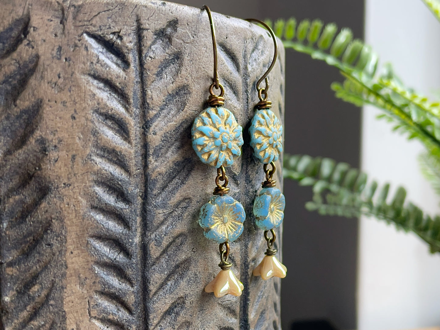 Cascading Flower Earrings. Sky Blue Czech Glass Dangle Earrings. Nature Inspired Summer Jewellery