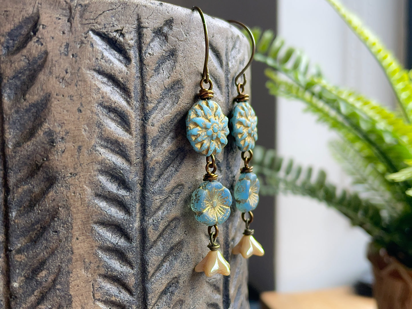 Cascading Flower Earrings. Sky Blue Czech Glass Dangle Earrings. Nature Inspired Summer Jewellery