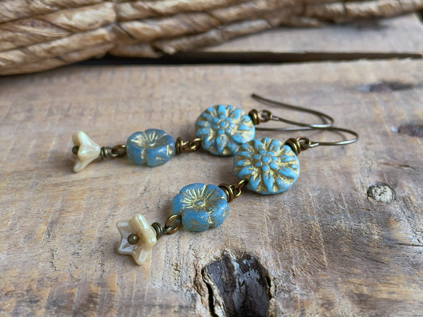 Cascading Flower Earrings. Sky Blue Czech Glass Dangle Earrings. Nature Inspired Summer Jewellery