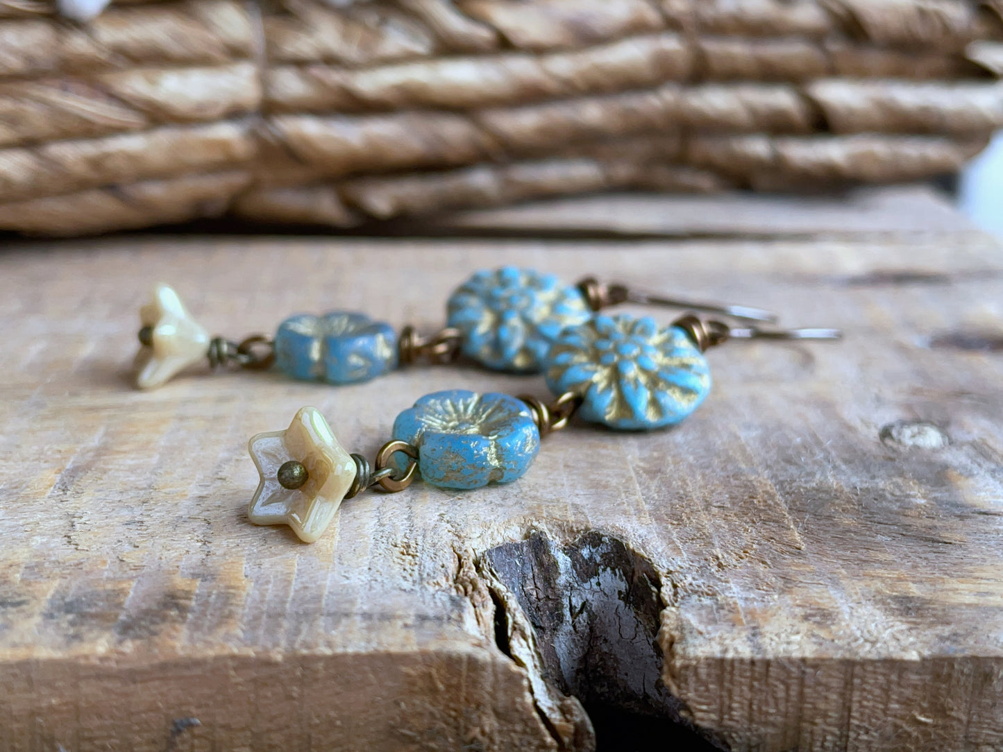 Cascading Flower Earrings. Sky Blue Czech Glass Dangle Earrings. Nature Inspired Summer Jewellery