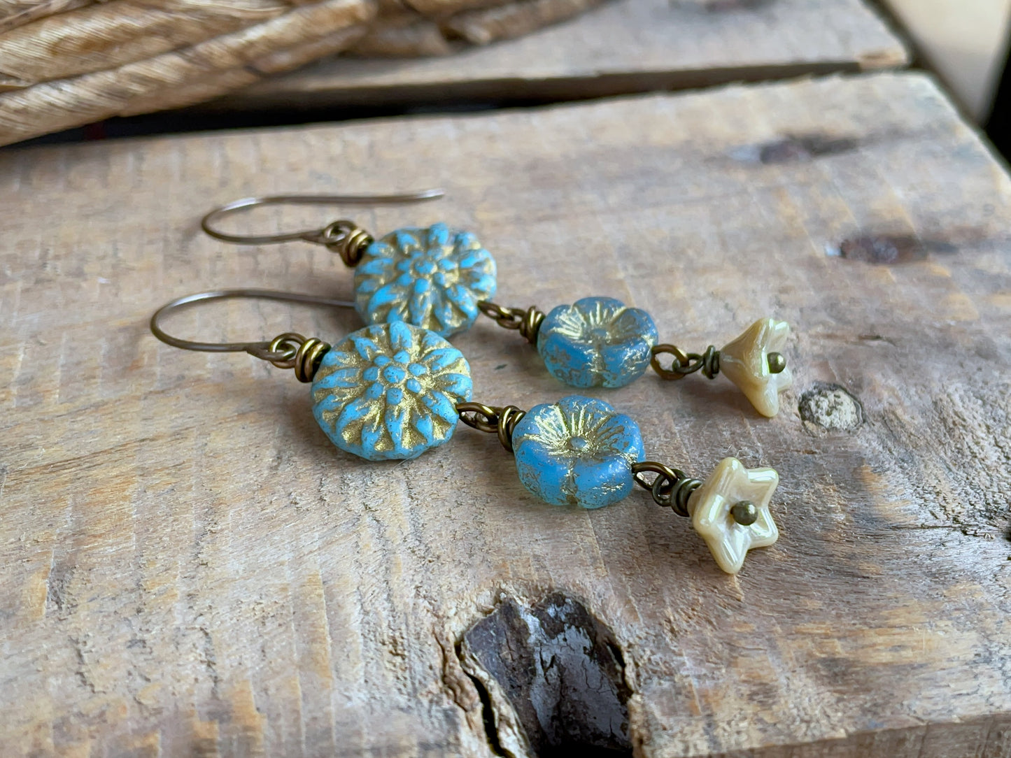 Cascading Flower Earrings. Sky Blue Czech Glass Dangle Earrings. Nature Inspired Summer Jewellery
