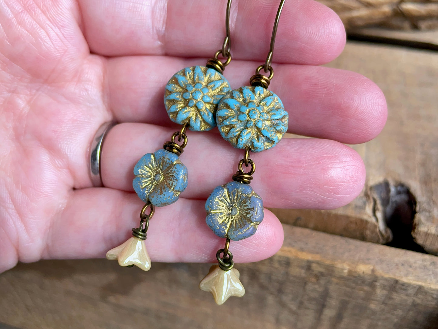 Cascading Flower Earrings. Sky Blue Czech Glass Dangle Earrings. Nature Inspired Summer Jewellery