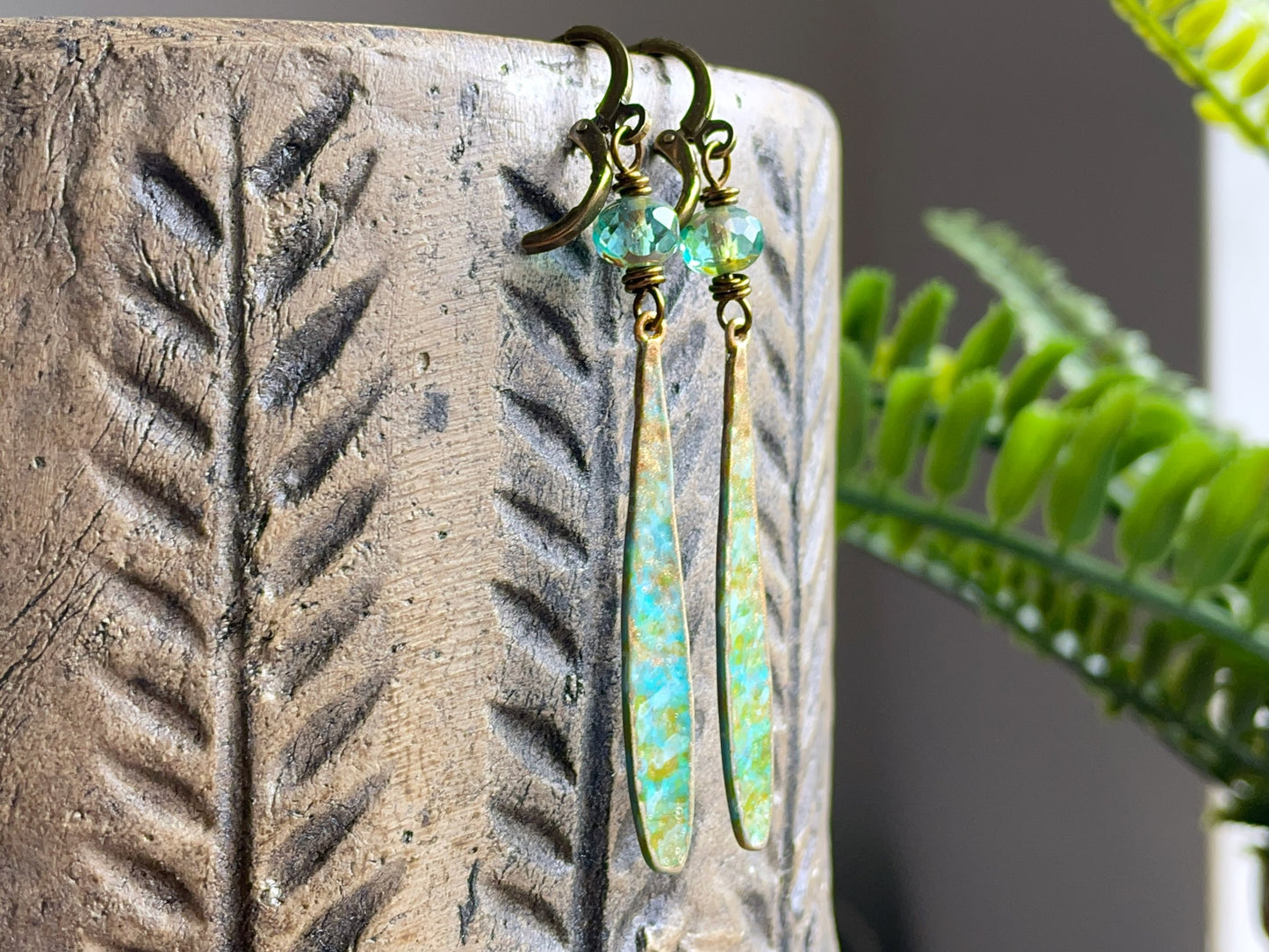 Verdigris & Turquoise Patina Earrings. Handmade Boho Dangle Earrings with Czech Glass