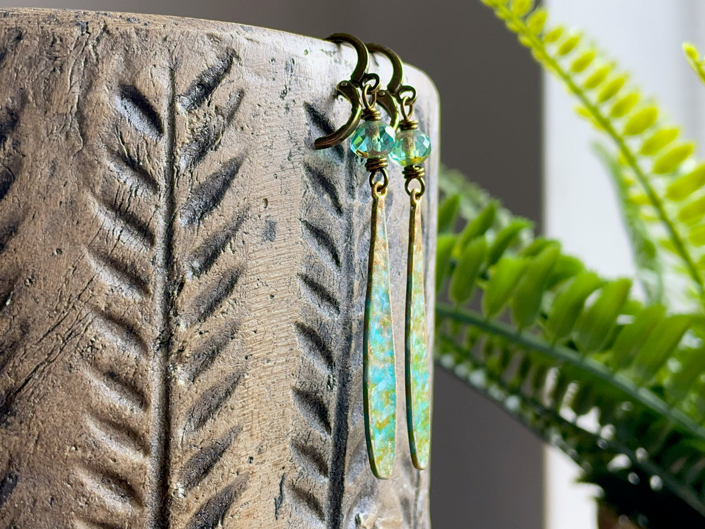 Verdigris & Turquoise Patina Earrings. Handmade Boho Dangle Earrings with Czech Glass