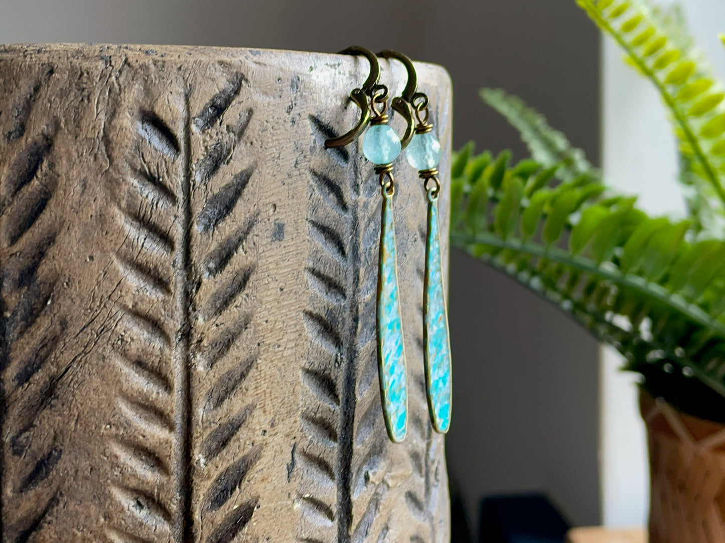 Hand Painted Turquoise & Lavender Patina Earrings. Bohemian Style Dangle Earrings. Colourful Summer Jewellery