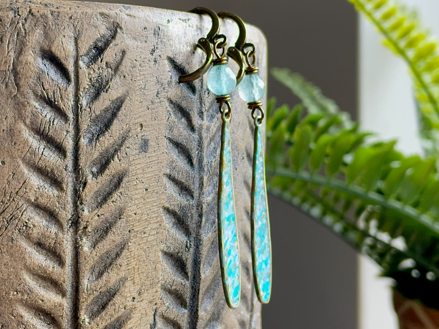 Hand Painted Turquoise & Lavender Patina Earrings. Bohemian Style Dangle Earrings. Colourful Summer Jewellery