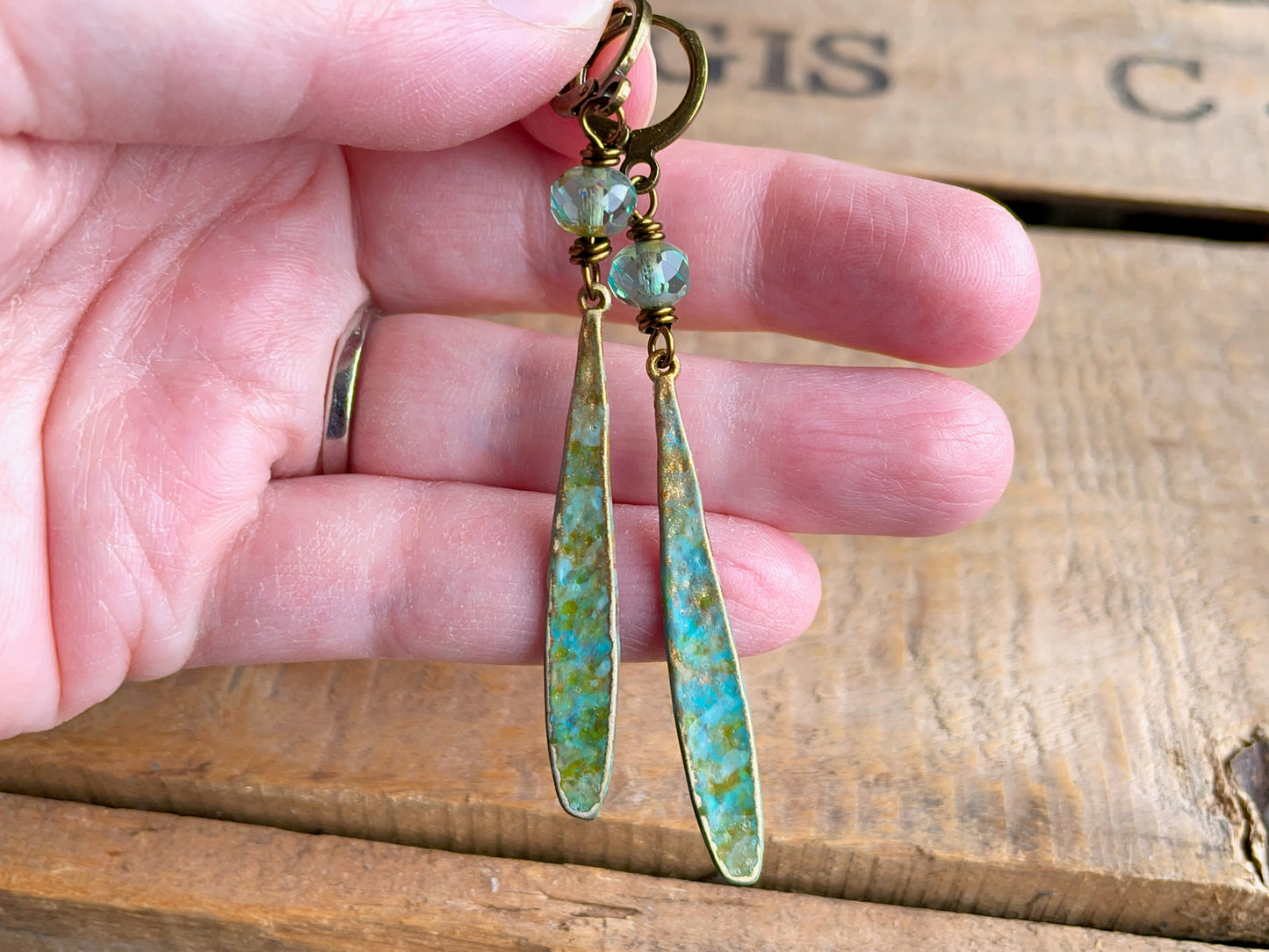 Verdigris & Turquoise Patina Earrings. Handmade Boho Dangle Earrings with Czech Glass