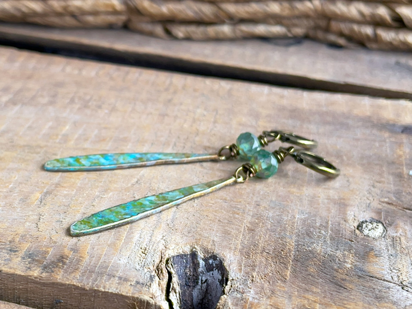 Verdigris & Turquoise Patina Earrings. Handmade Boho Dangle Earrings with Czech Glass