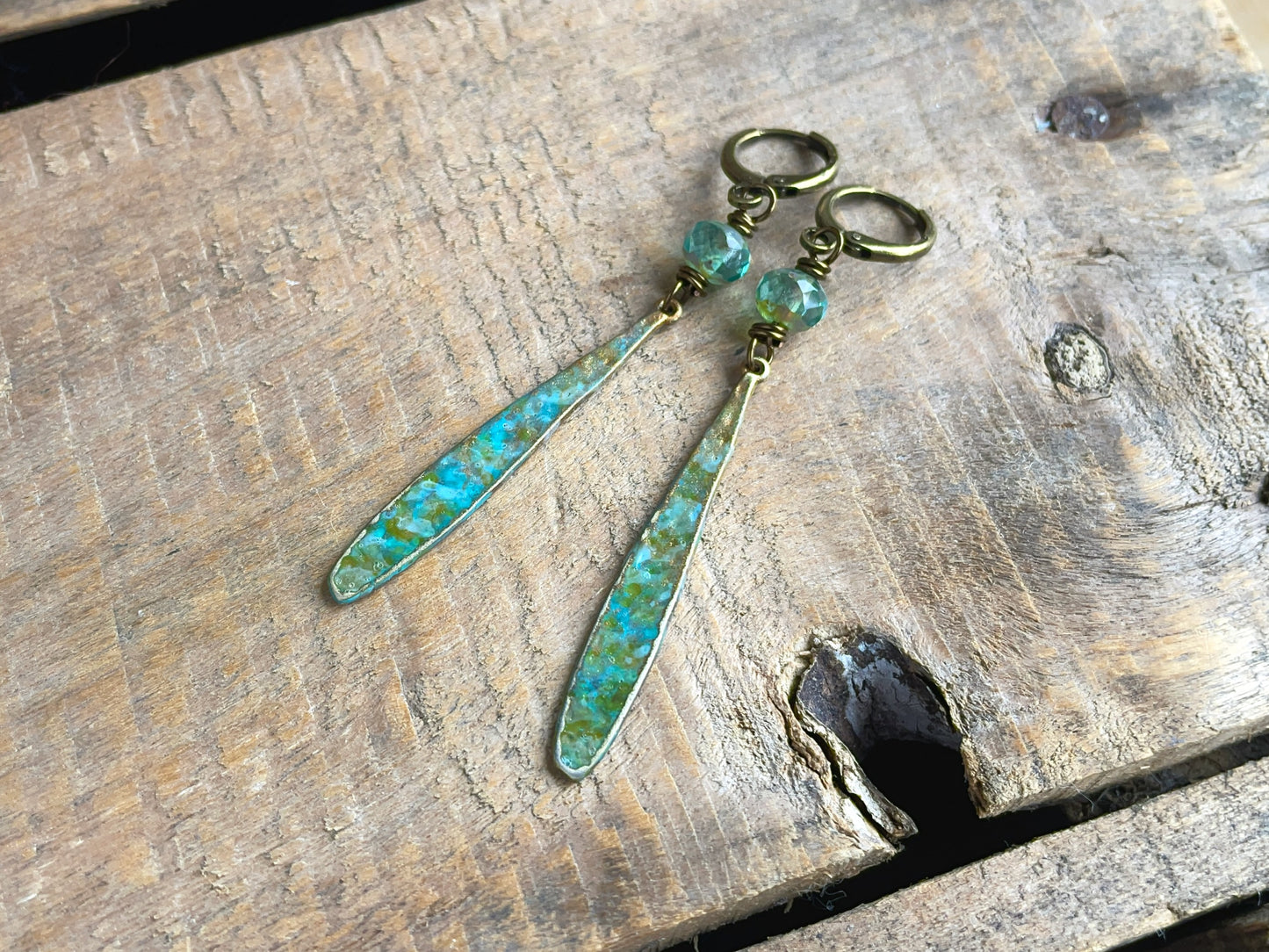 Verdigris & Turquoise Patina Earrings. Handmade Boho Dangle Earrings with Czech Glass