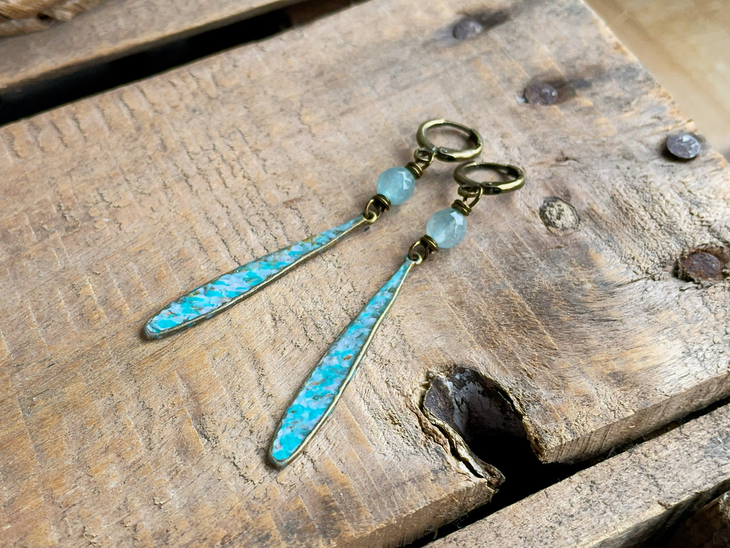 Hand Painted Turquoise & Lavender Patina Earrings. Bohemian Style Dangle Earrings. Colourful Summer Jewellery