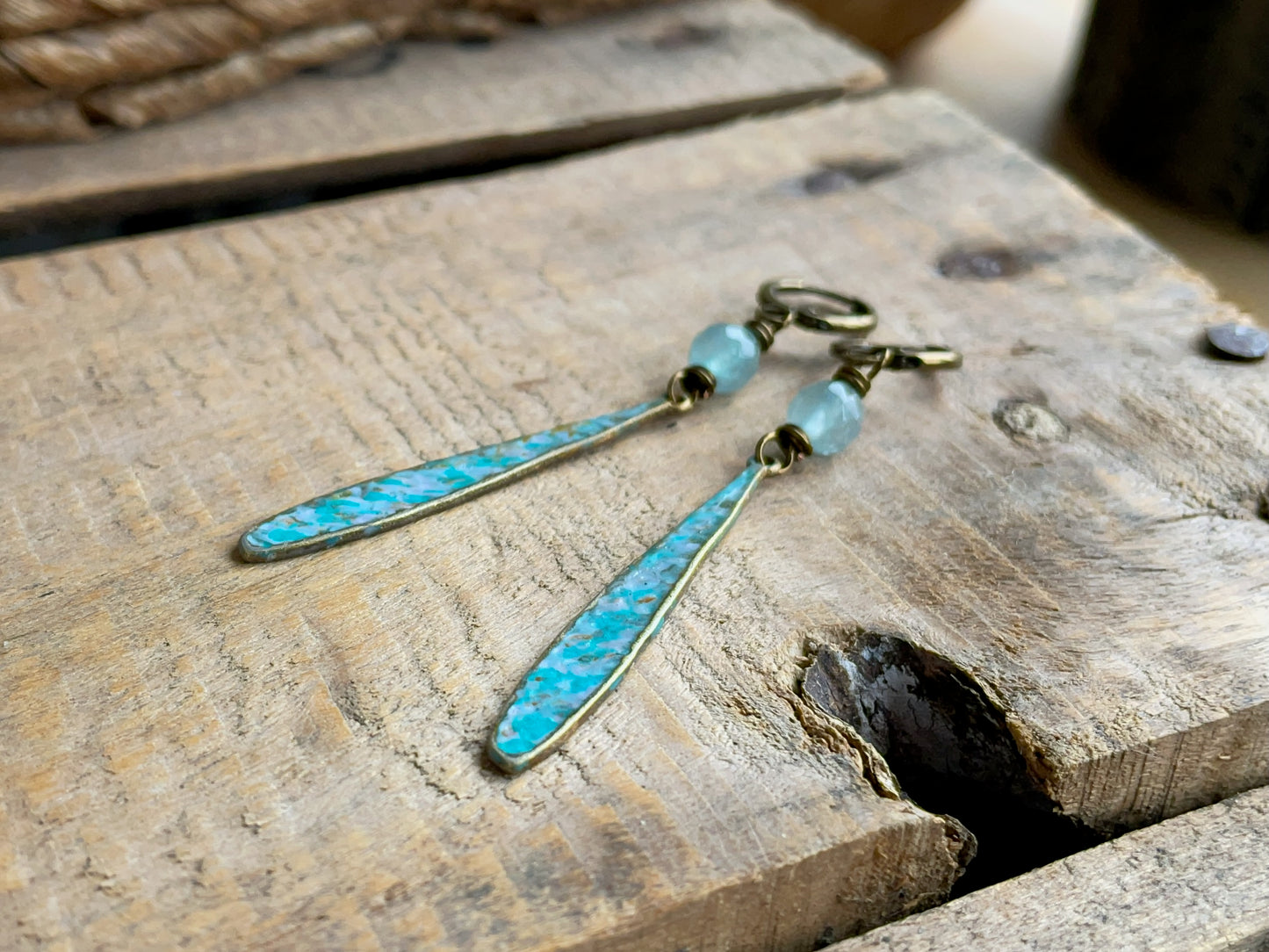Hand Painted Turquoise & Lavender Patina Earrings. Bohemian Style Dangle Earrings. Colourful Summer Jewellery
