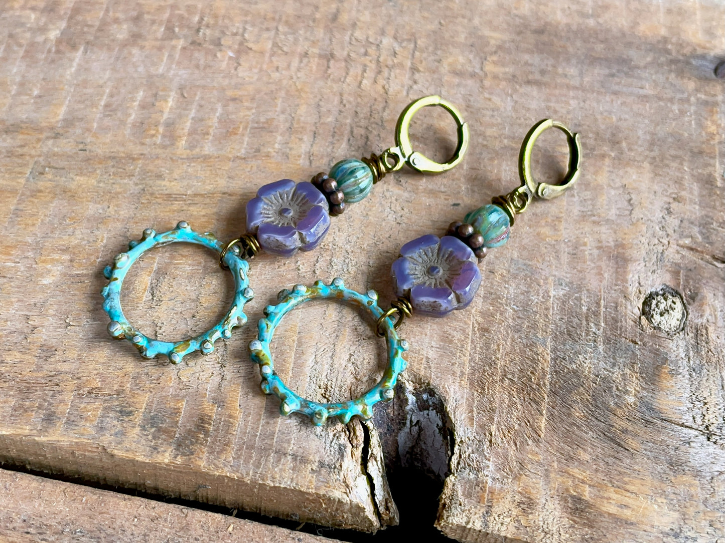 Hand Painted Verdigris Patina Earrings. Lavender Czech Glass Flower Earrings. Colourful Nature Inspired Jewellery