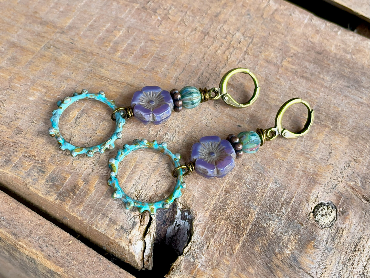 Hand Painted Verdigris Patina Earrings. Lavender Czech Glass Flower Earrings. Colourful Nature Inspired Jewellery