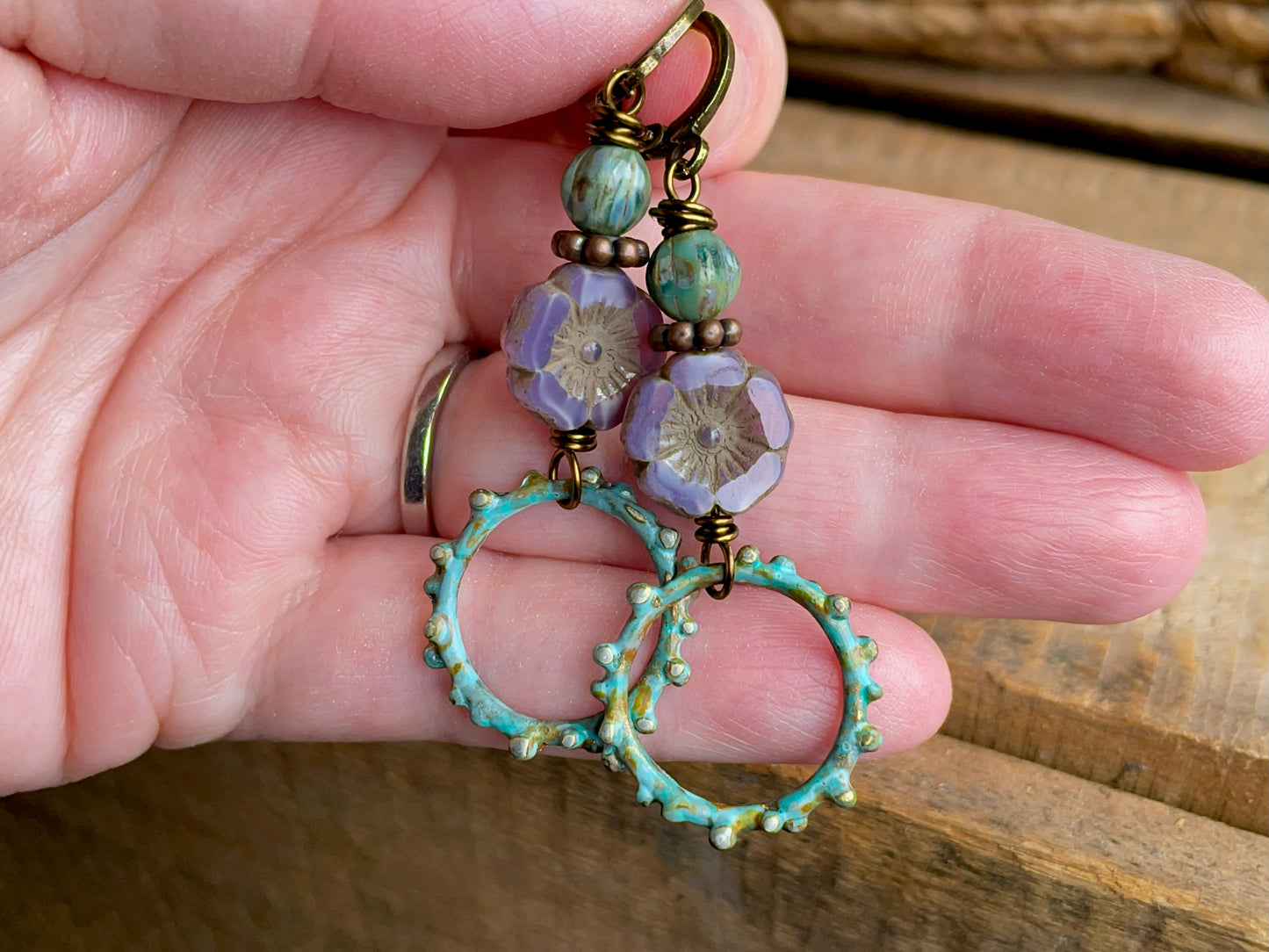 Hand Painted Verdigris Patina Earrings. Lavender Czech Glass Flower Earrings. Colourful Nature Inspired Jewellery