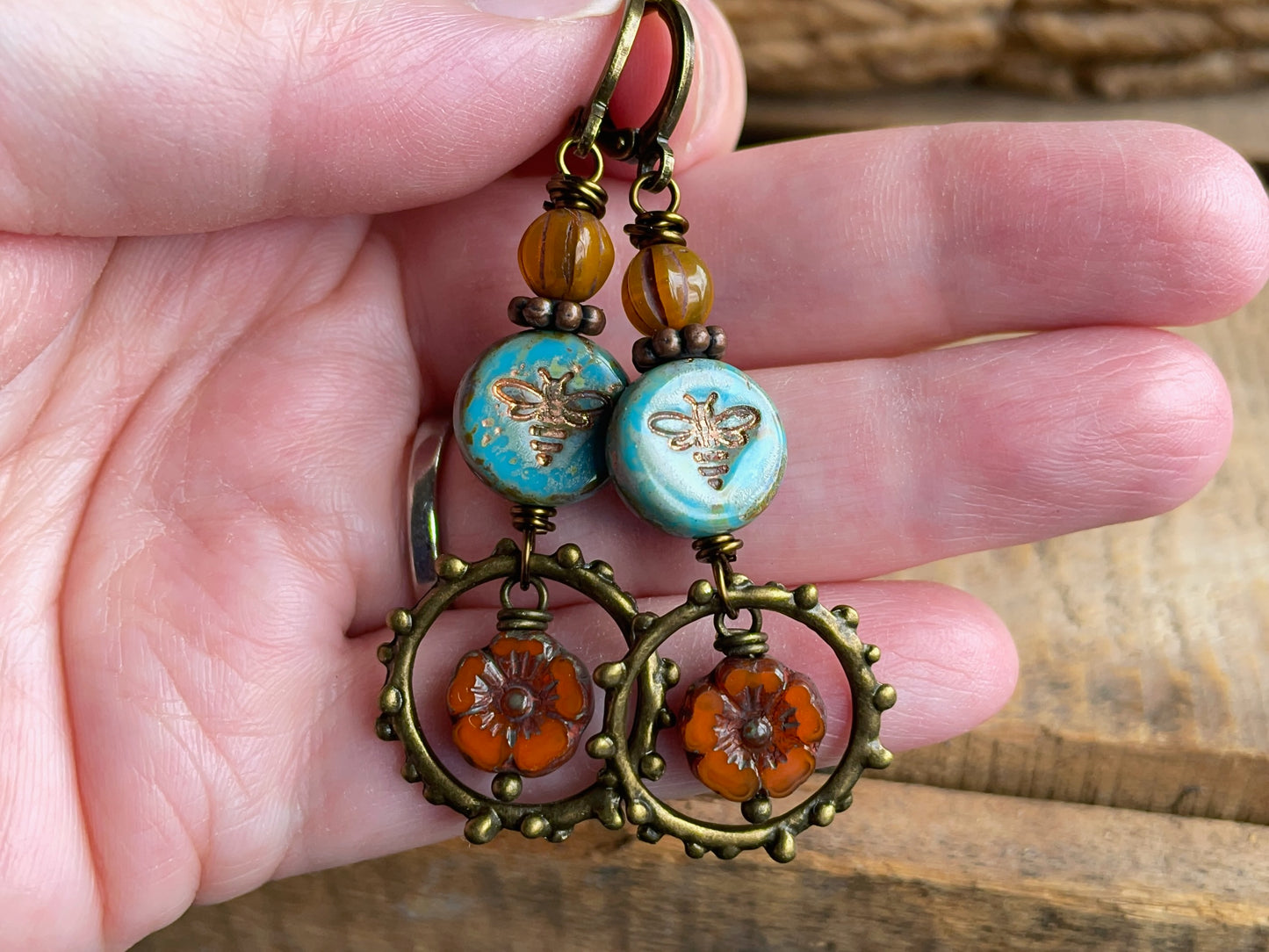 Turquoise Blue & Orange Czech Glass Earrings. Bumblebee and Flower Dangles. Colourful Summer Jewellery
