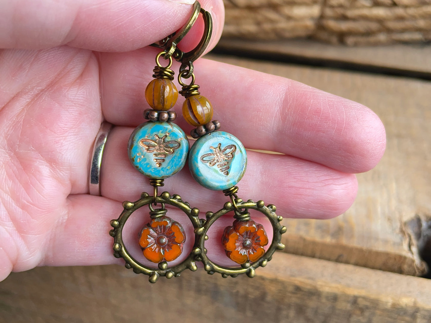 Turquoise Blue & Orange Czech Glass Earrings. Bumblebee and Flower Dangles. Colourful Summer Jewellery