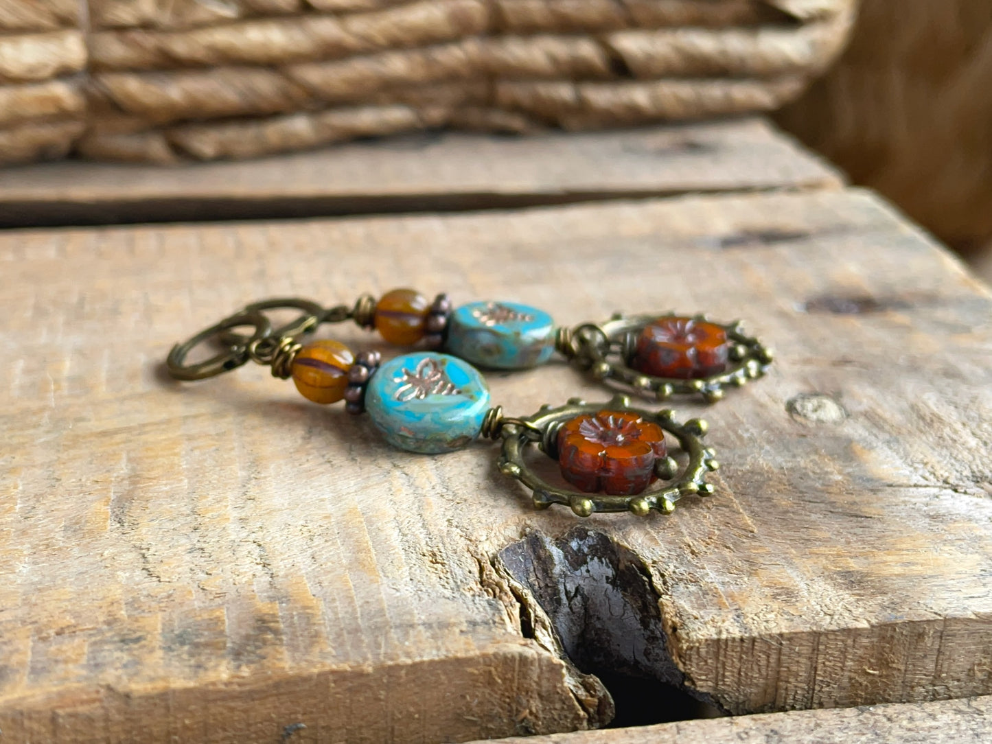 Turquoise Blue & Orange Czech Glass Earrings. Bumblebee and Flower Dangles. Colourful Summer Jewellery