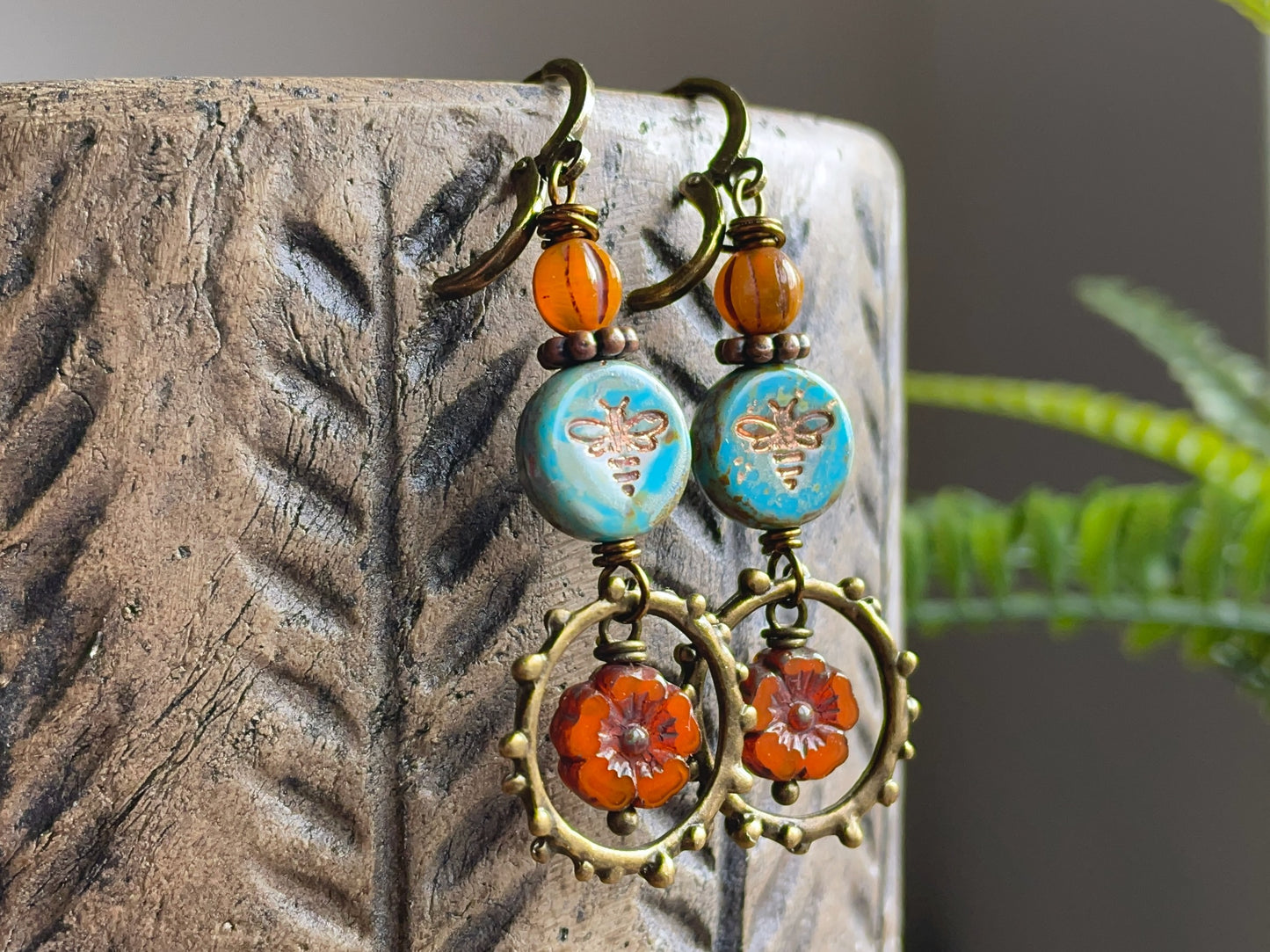 Turquoise Blue & Orange Czech Glass Earrings. Bumblebee and Flower Dangles. Colourful Summer Jewellery