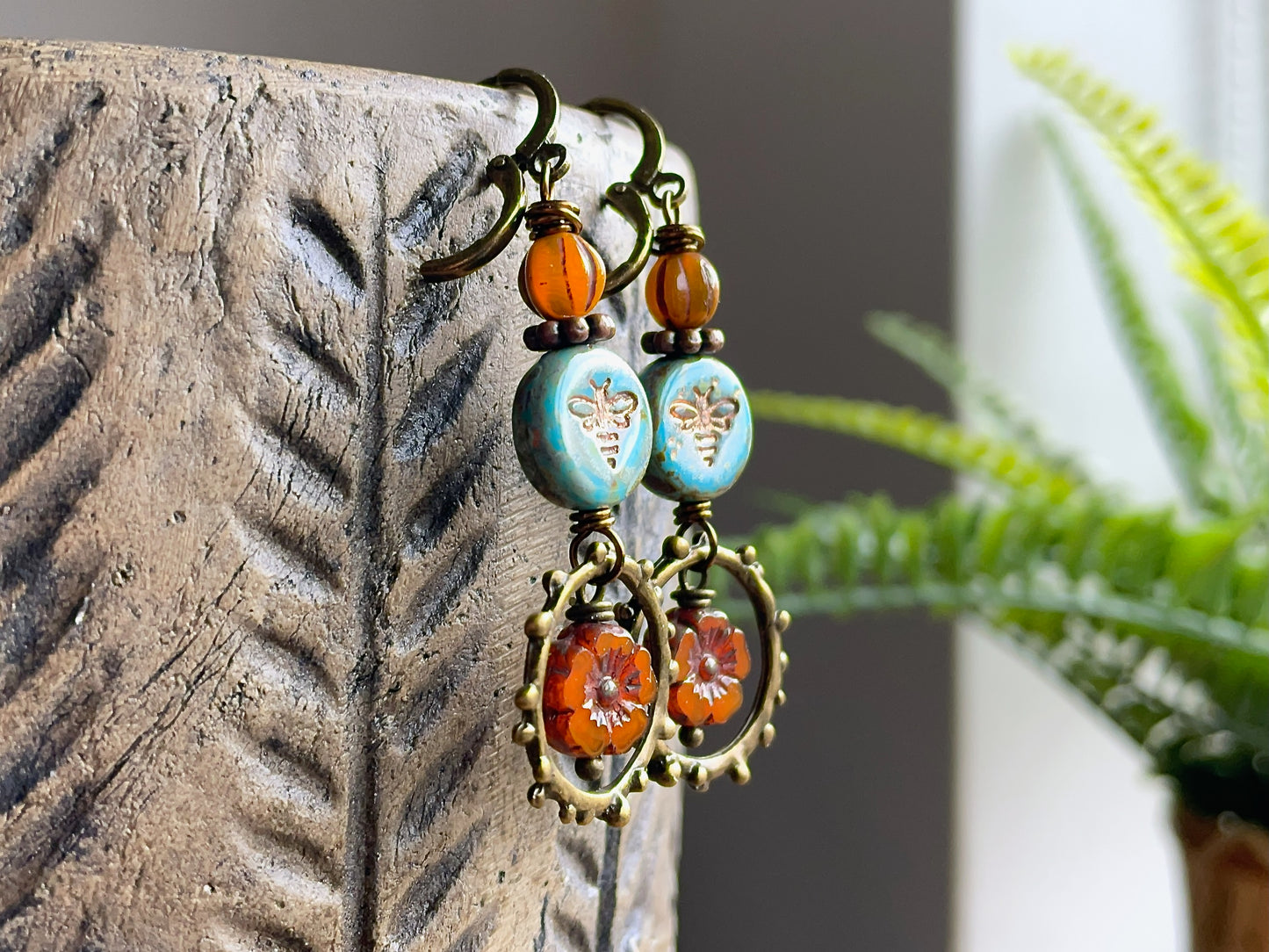 Turquoise Blue & Orange Czech Glass Earrings. Bumblebee and Flower Dangles. Colourful Summer Jewellery