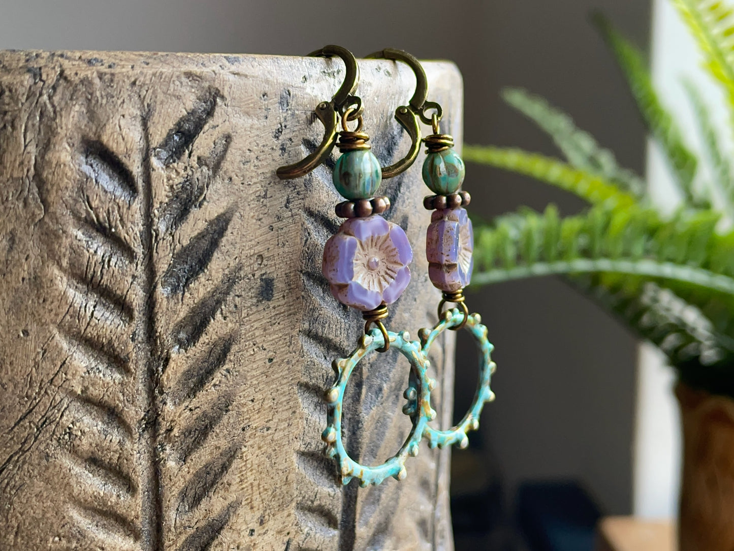 Hand Painted Verdigris Patina Earrings. Lavender Czech Glass Flower Earrings. Colourful Nature Inspired Jewellery