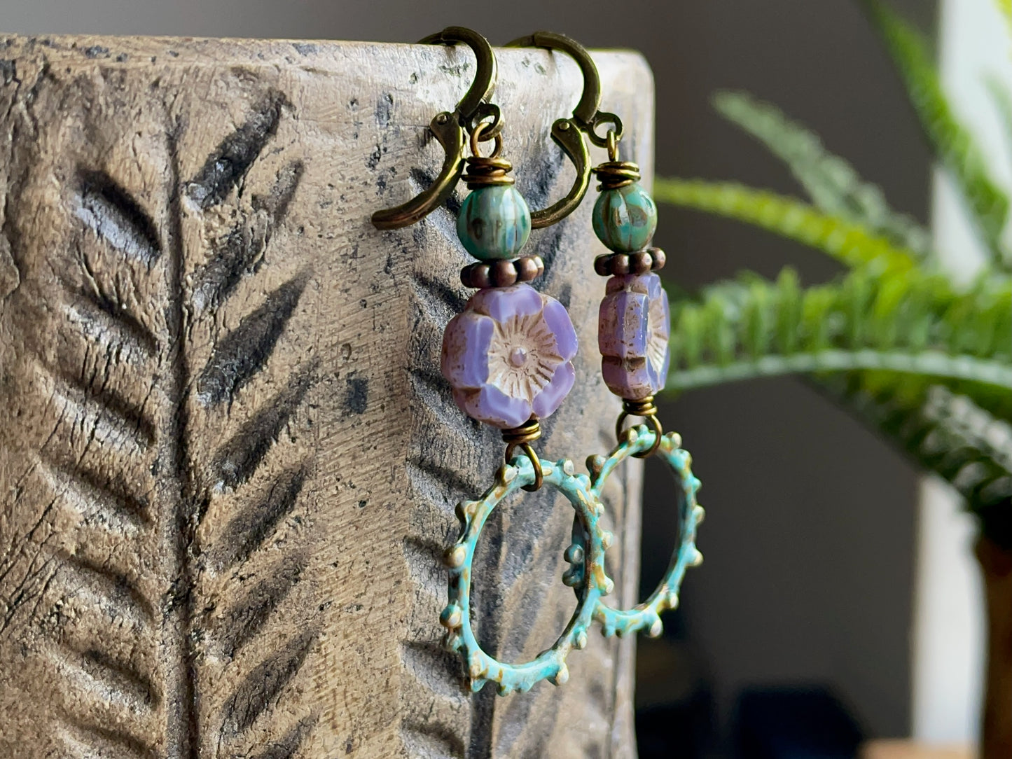 Hand Painted Verdigris Patina Earrings. Lavender Czech Glass Flower Earrings. Colourful Nature Inspired Jewellery