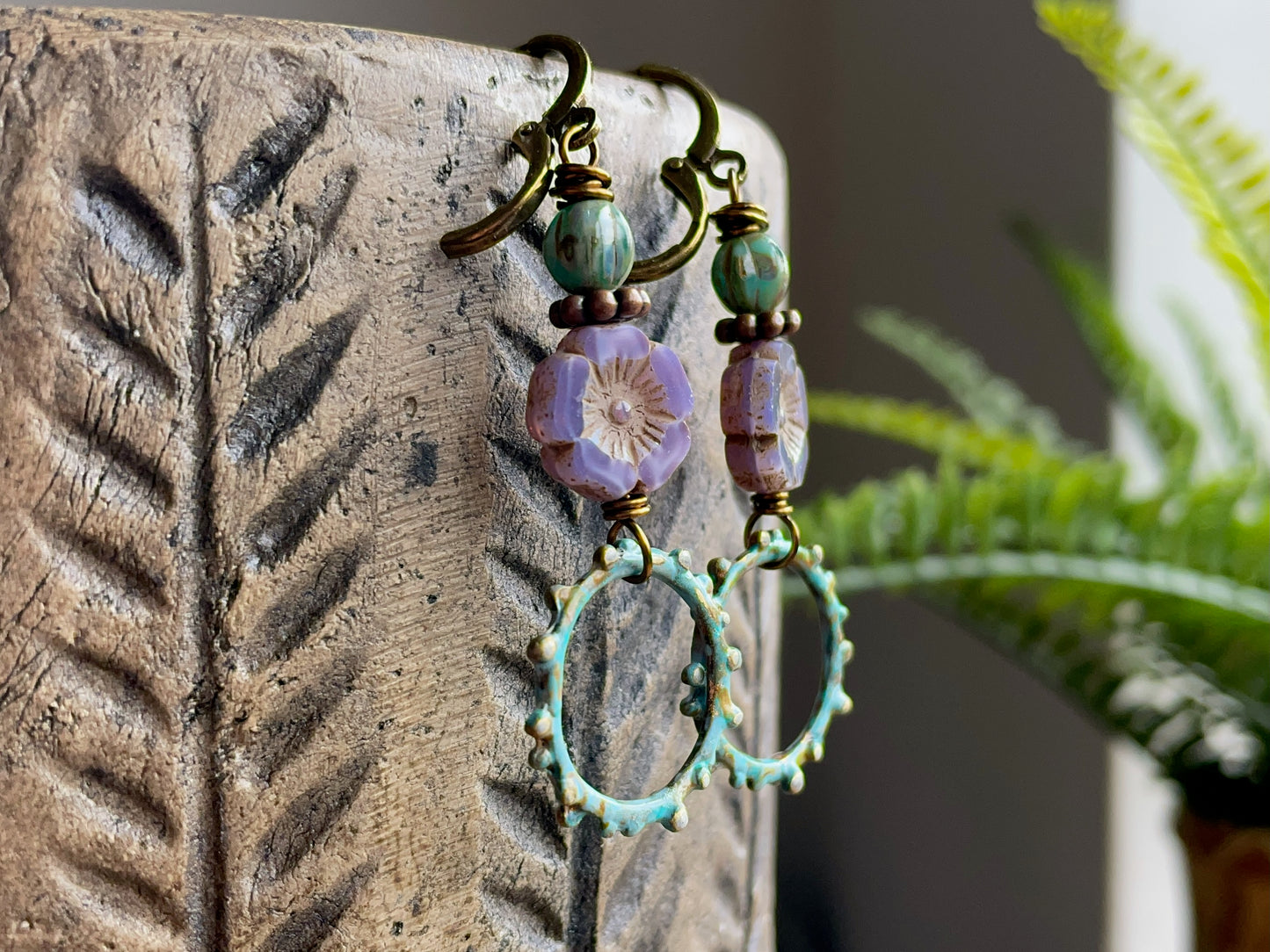 Hand Painted Verdigris Patina Earrings. Lavender Czech Glass Flower Earrings. Colourful Nature Inspired Jewellery