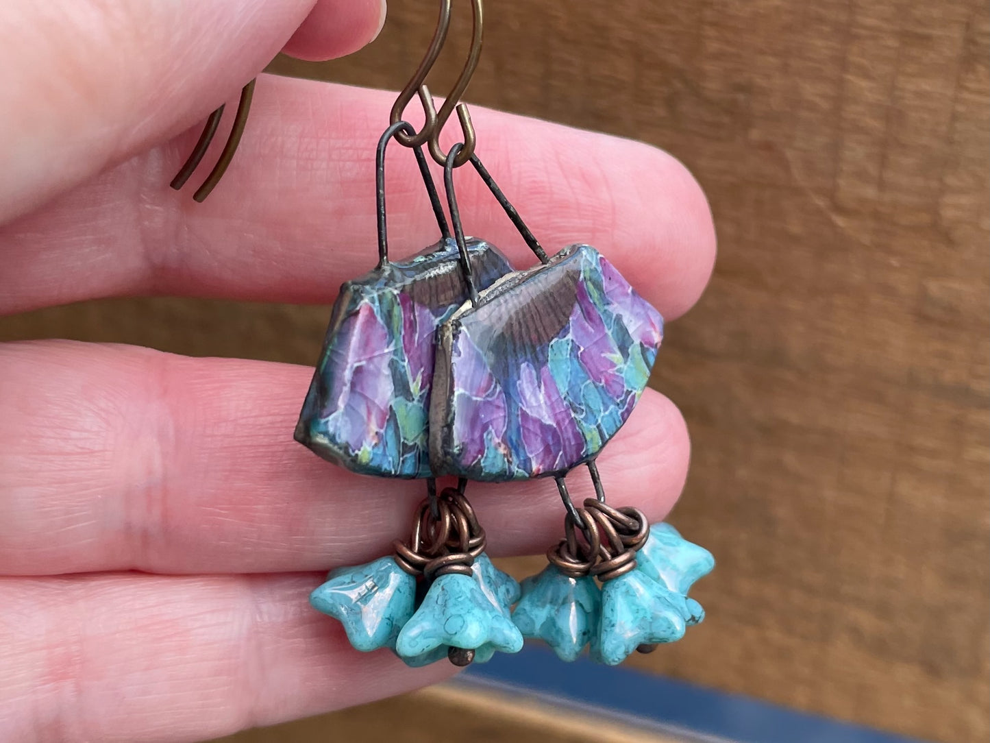 Handmade Ceramic Earrings. Vintage Style Fan Earrings with Aqua Glass Flowers