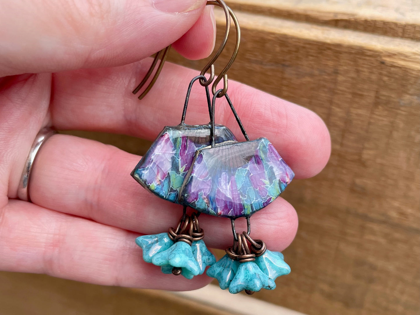 Handmade Ceramic Earrings. Vintage Style Fan Earrings with Aqua Glass Flowers