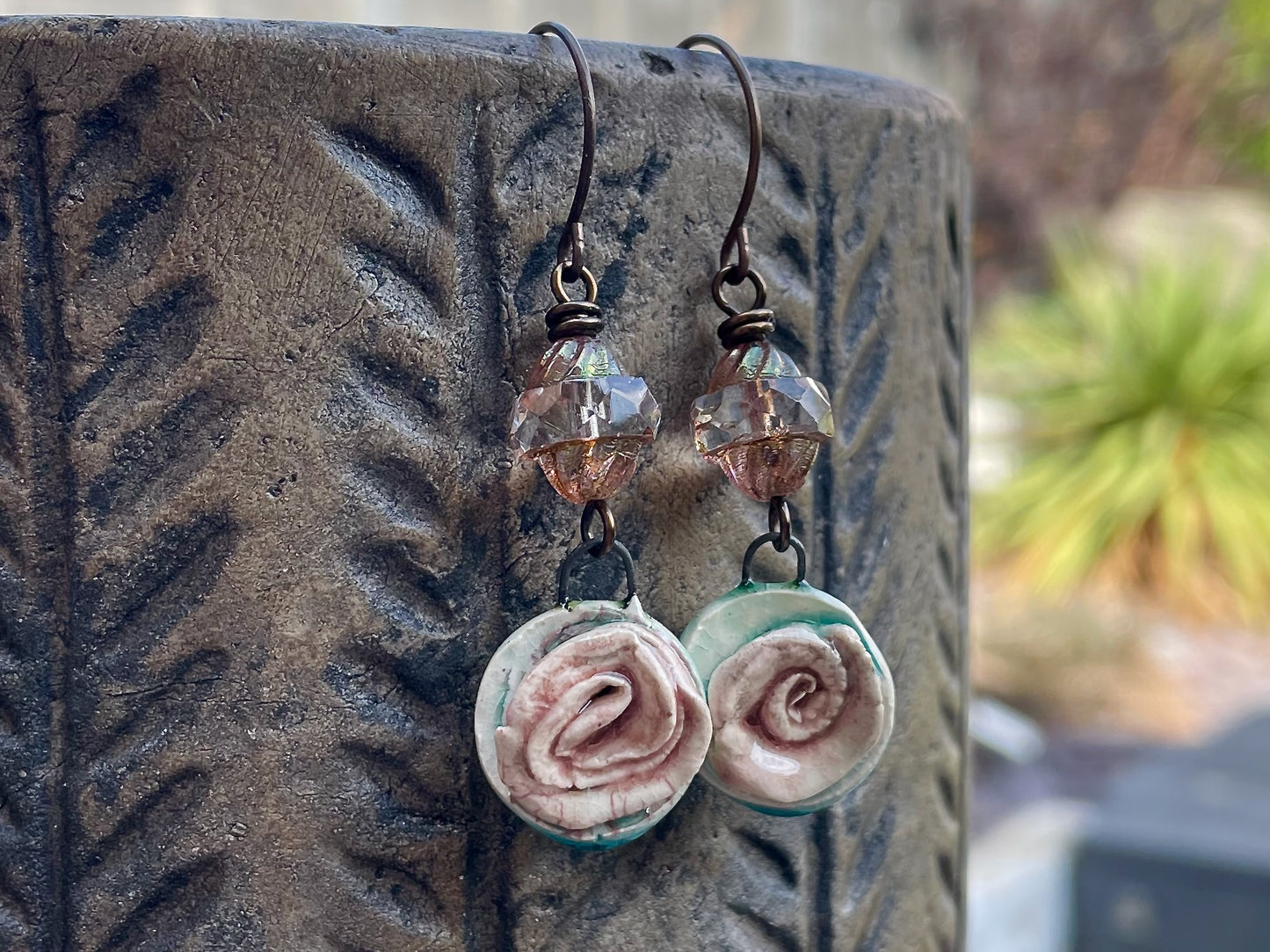 Handmade Ceramic Rose Earrings. Rustic Floral Earrings with Czech Glass Beads. One of a Kind Artisan Jewellery