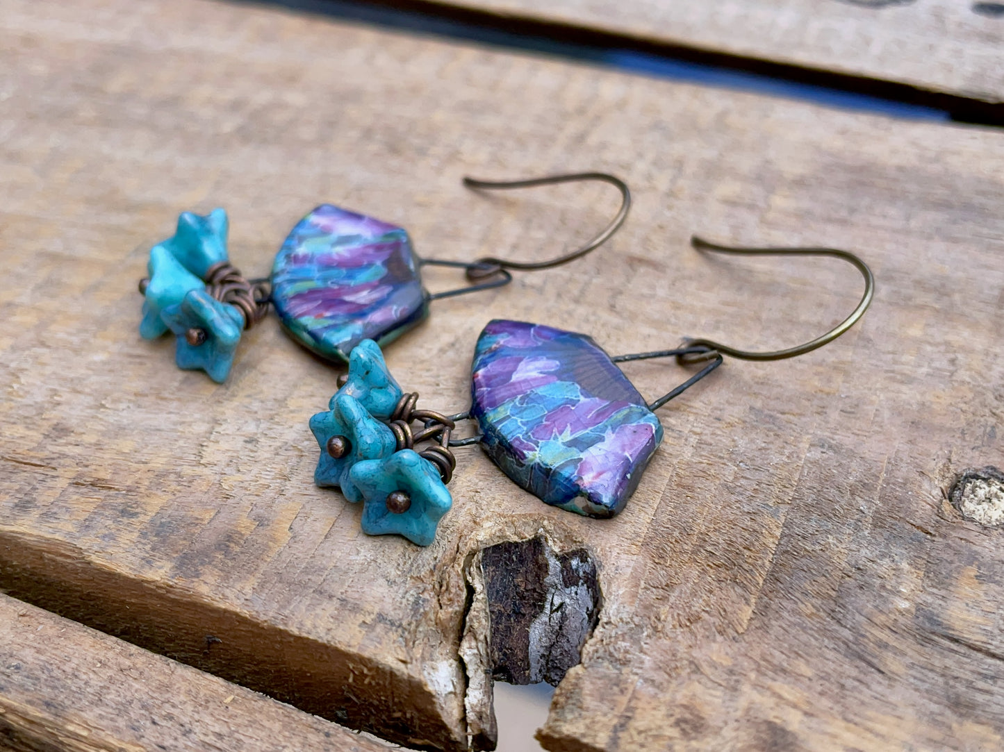 Handmade Ceramic Earrings. Vintage Style Fan Earrings with Aqua Glass Flowers