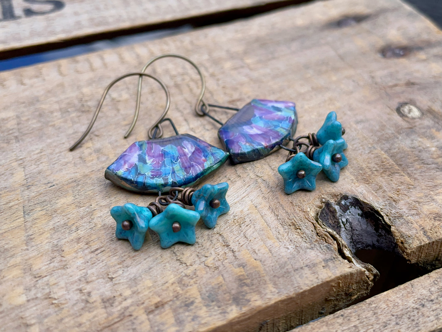 Handmade Ceramic Earrings. Vintage Style Fan Earrings with Aqua Glass Flowers