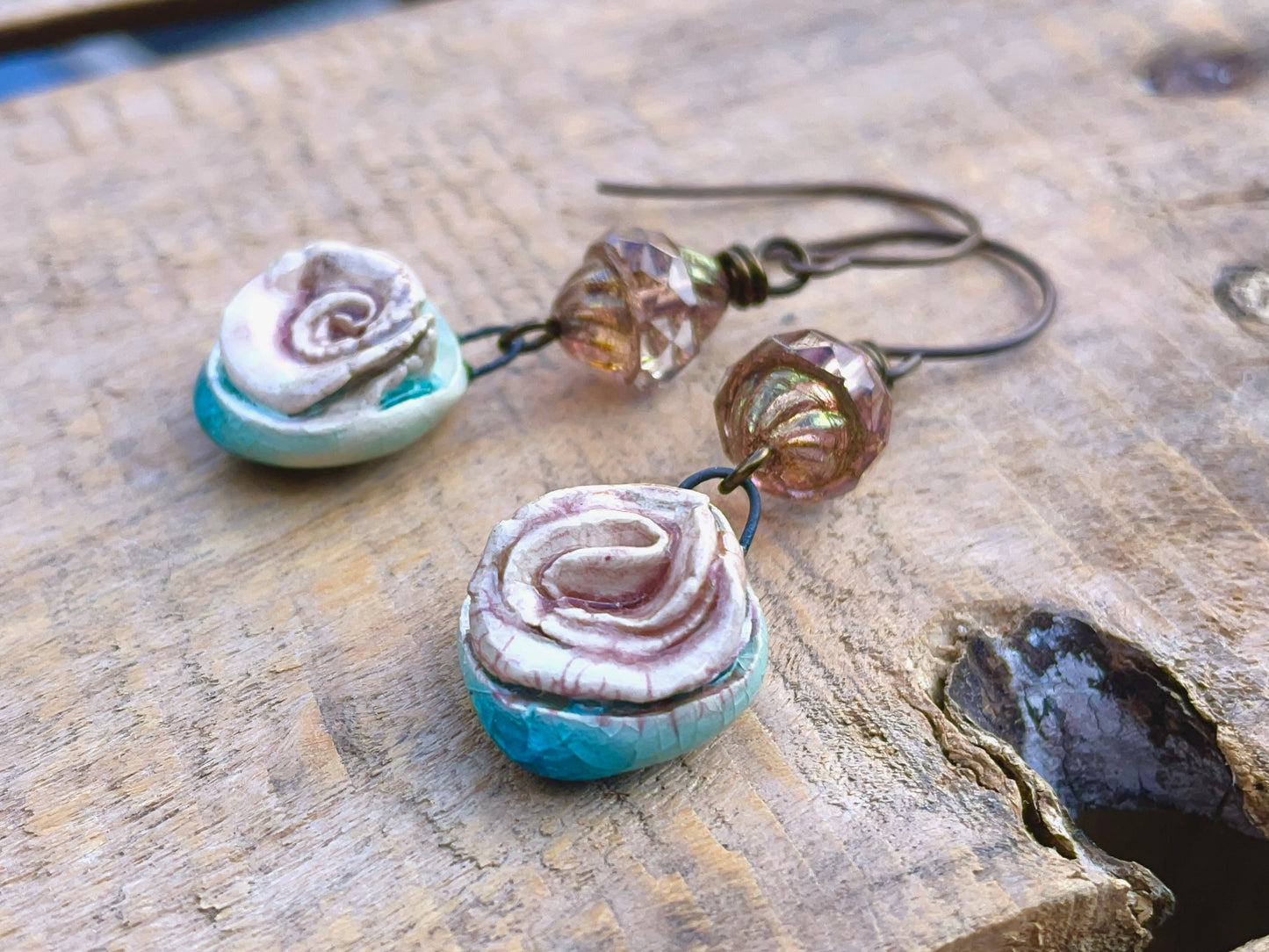 Handmade Ceramic Rose Earrings. Rustic Floral Earrings with Czech Glass Beads. One of a Kind Artisan Jewellery