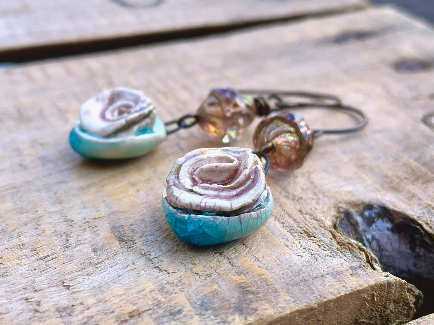 Handmade Ceramic Rose Earrings. Rustic Floral Earrings with Czech Glass Beads. One of a Kind Artisan Jewellery