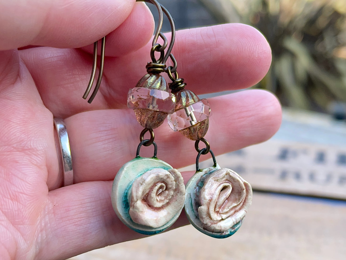 Handmade Ceramic Rose Earrings. Rustic Floral Earrings with Czech Glass Beads. One of a Kind Artisan Jewellery