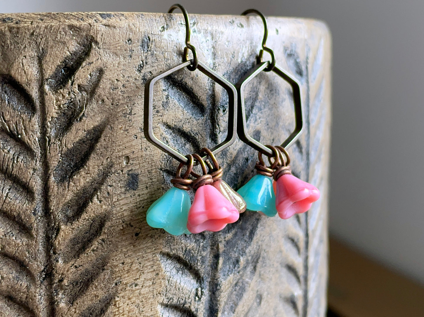 Czech Glass Flower Earrings in Coral, Aqua & Rose Gold. Floral Cluster Earrings. Colourful Summer Jewellery
