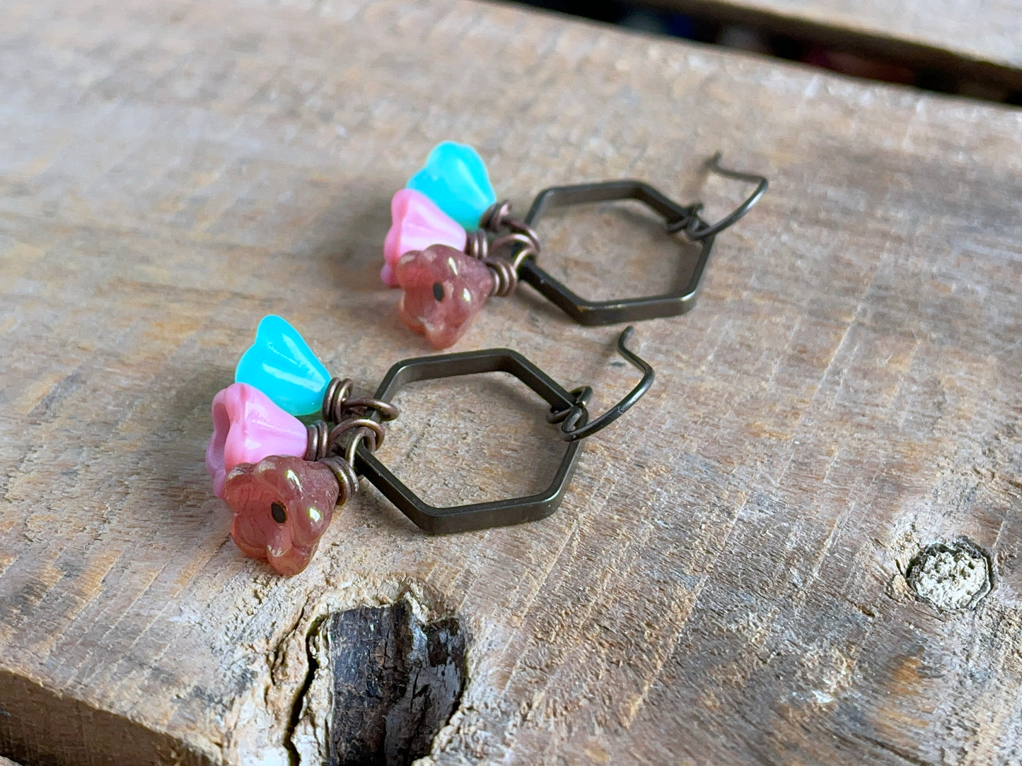 Czech Glass Flower Earrings in Coral, Aqua & Rose Gold. Floral Cluster Earrings. Colourful Summer Jewellery