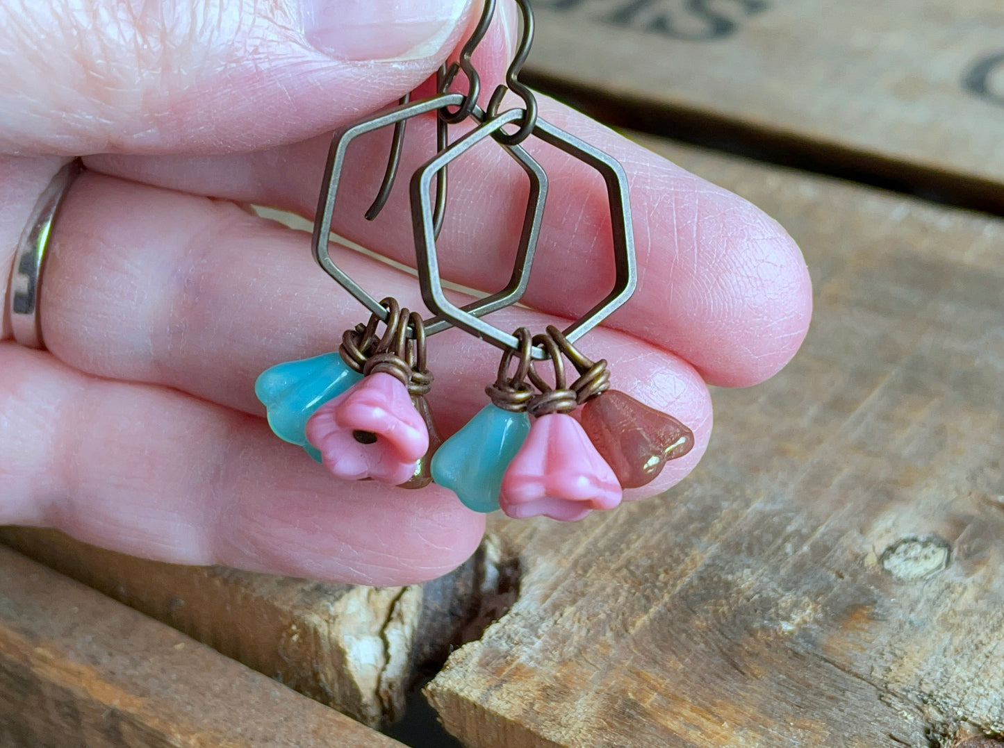 Czech Glass Flower Earrings in Coral, Aqua & Rose Gold. Floral Cluster Earrings. Colourful Summer Jewellery