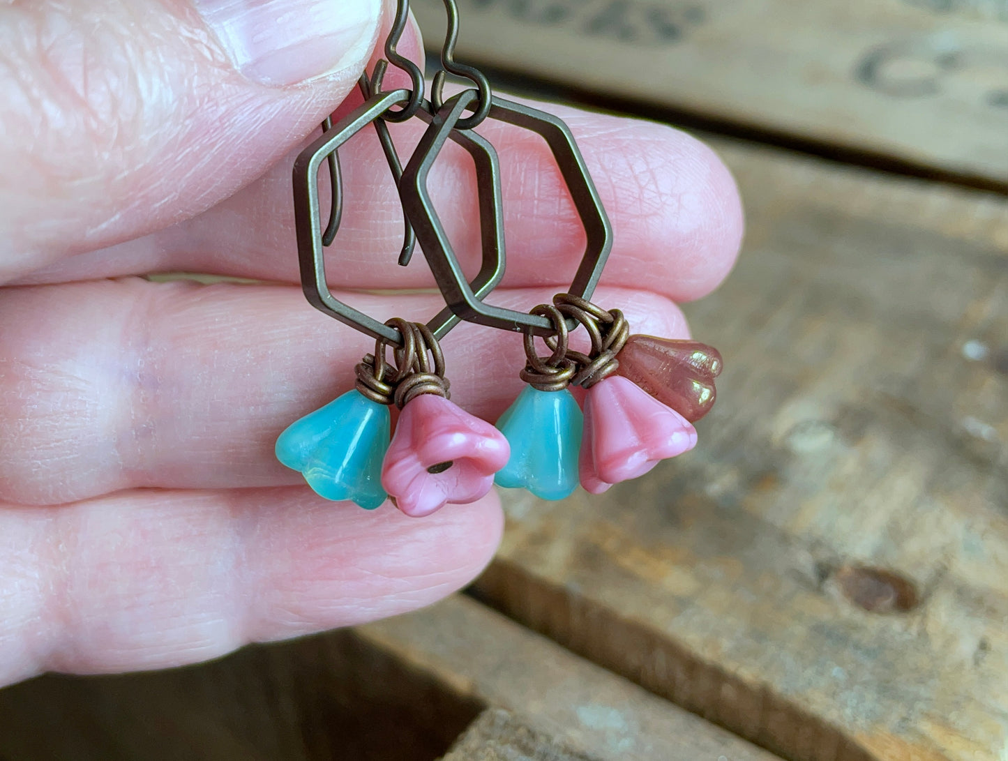 Czech Glass Flower Earrings in Coral, Aqua & Rose Gold. Floral Cluster Earrings. Colourful Summer Jewellery