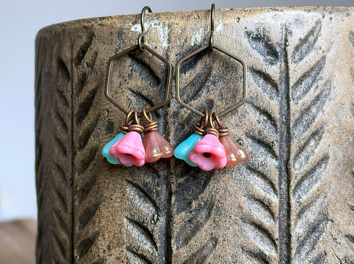 Czech Glass Flower Earrings in Coral, Aqua & Rose Gold. Floral Cluster Earrings. Colourful Summer Jewellery