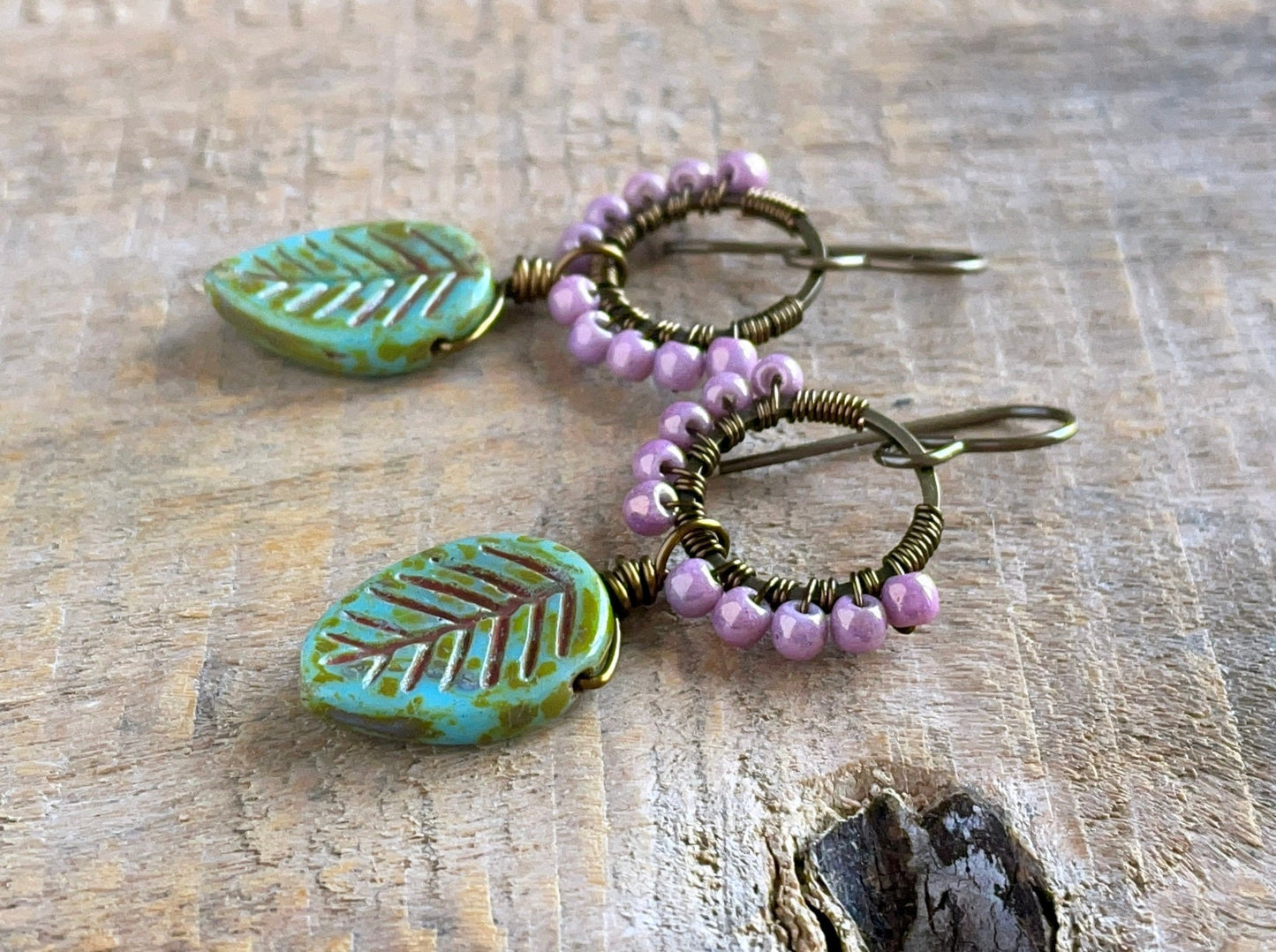Earthy Turquoise Green Leaf Earrings - Wire Wrapped Czech Glass Hoops, Spring Inspired Jewellery