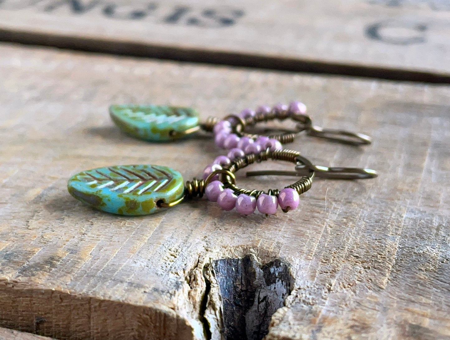Earthy Turquoise Green Leaf Earrings - Wire Wrapped Czech Glass Hoops, Spring Inspired Jewellery